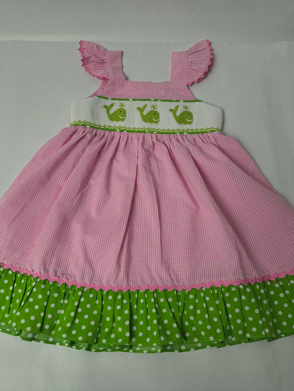 Pink Gingham Dress with Green Whale Smocking for Girls